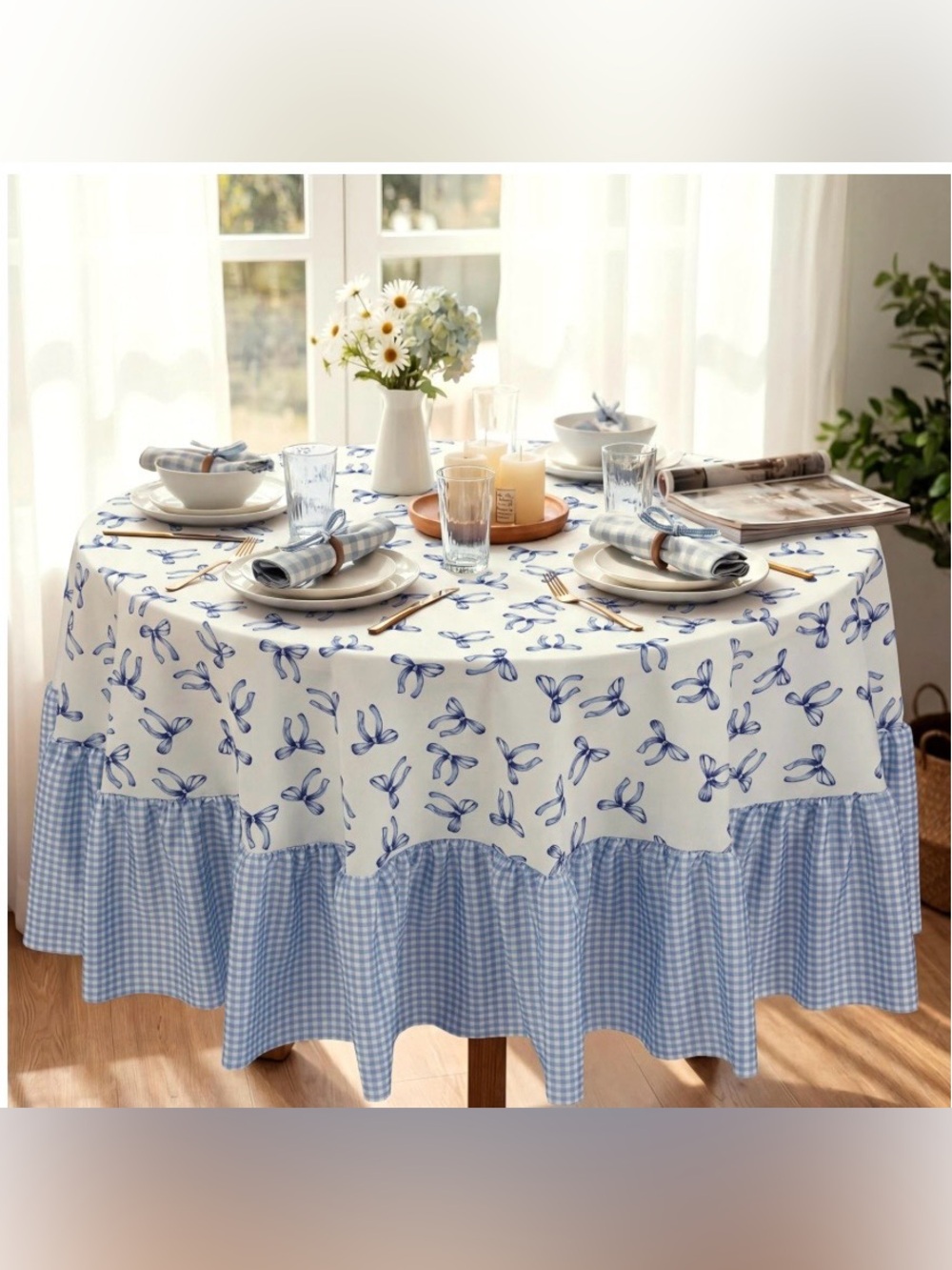 Farmhouse Gingham Tablecloth Microfiber Polyester 70” Round - Blue